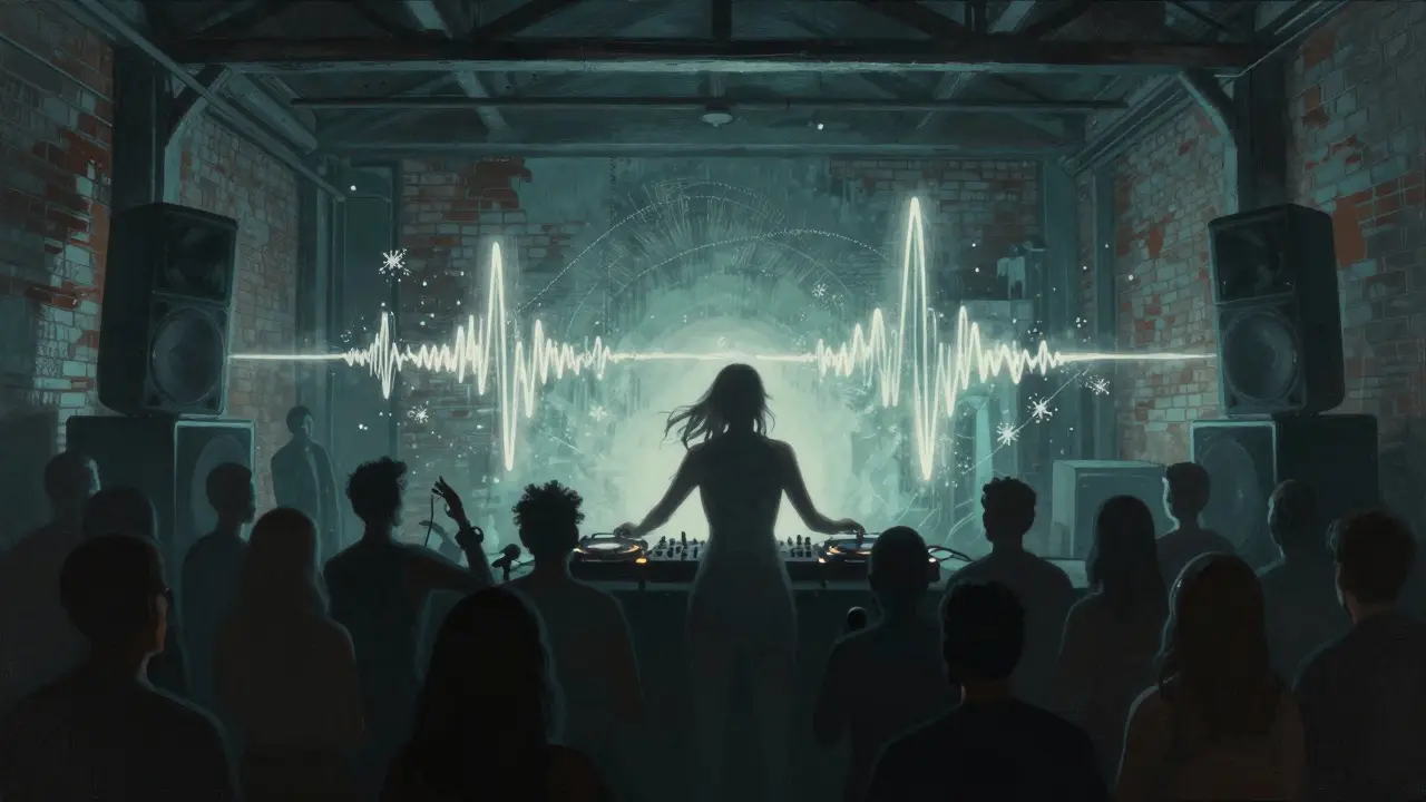 DJ Charlotte de Witte performing live in an industrial warehouse with sound waves visible in the air.