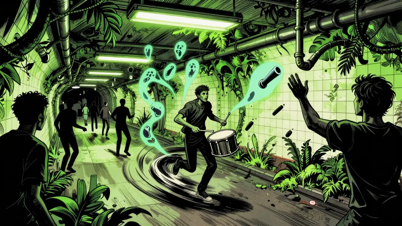 DJ in a metro tunnel mixing jungle beats with spectral train whistles, crowd moving in sync.