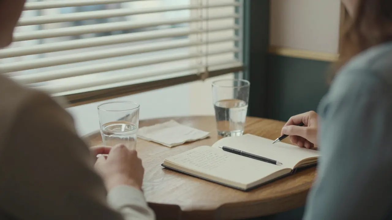 Empty café table in Paris with signs of a meaningful, private meeting.