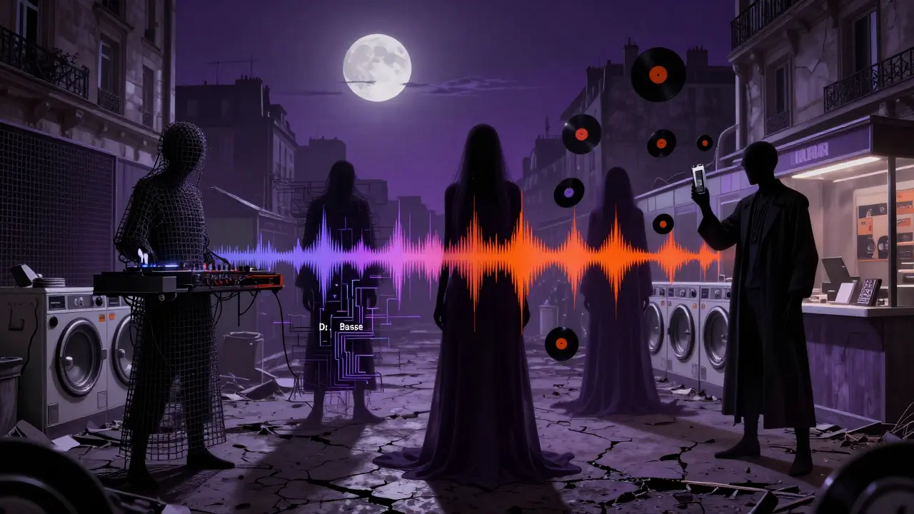 Five legendary Jangal DJs as spectral figures emerging from Paris urban decay, surreal and haunting.