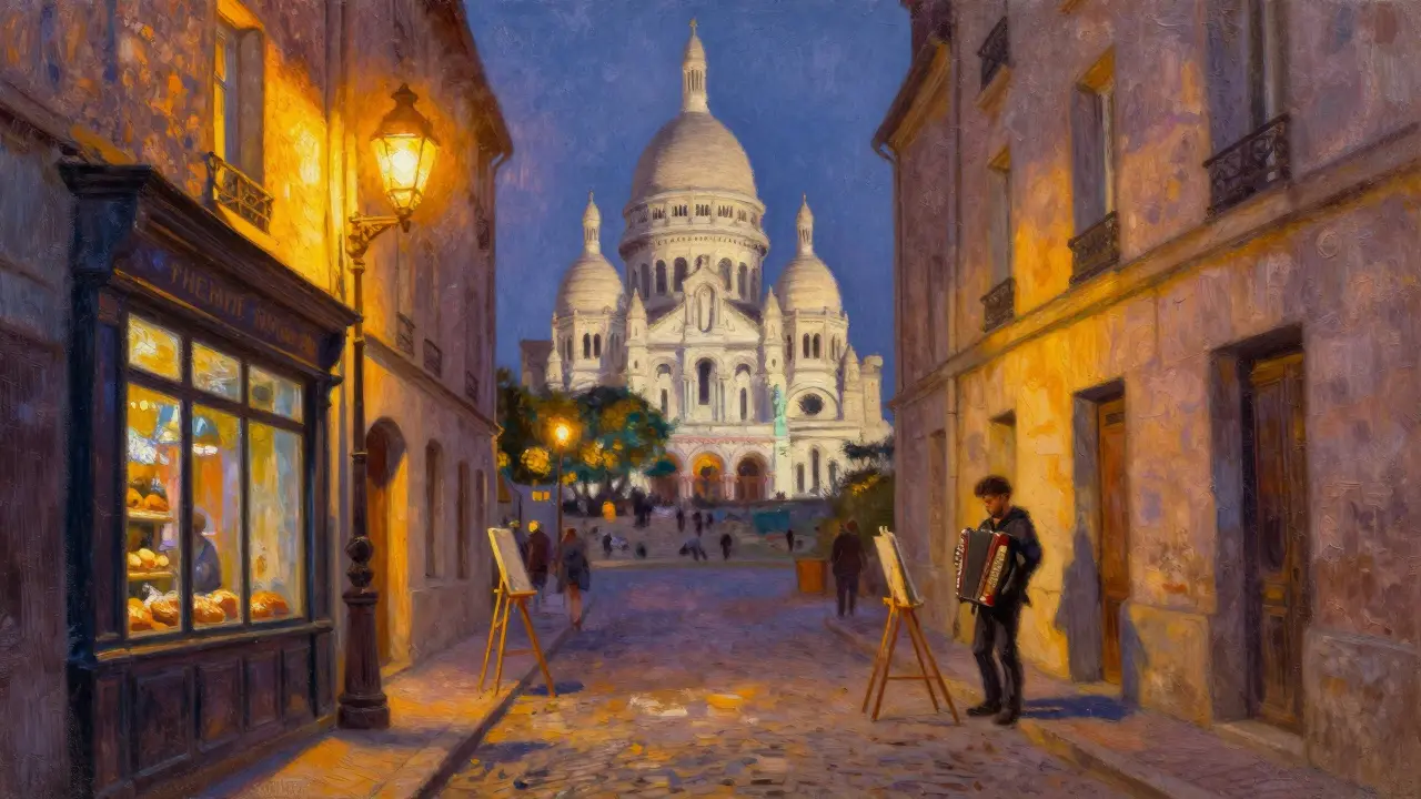 Montmartre streets lit by warm lamps at dusk, with Sacré-Cœur in the background and an accordion player nearby.