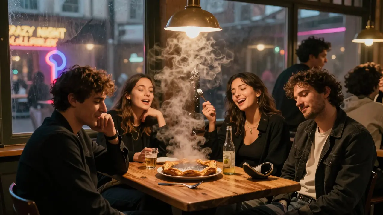 People enjoying crepes after the club, steam rising from food, tired but happy, neon sign visible through the window.
