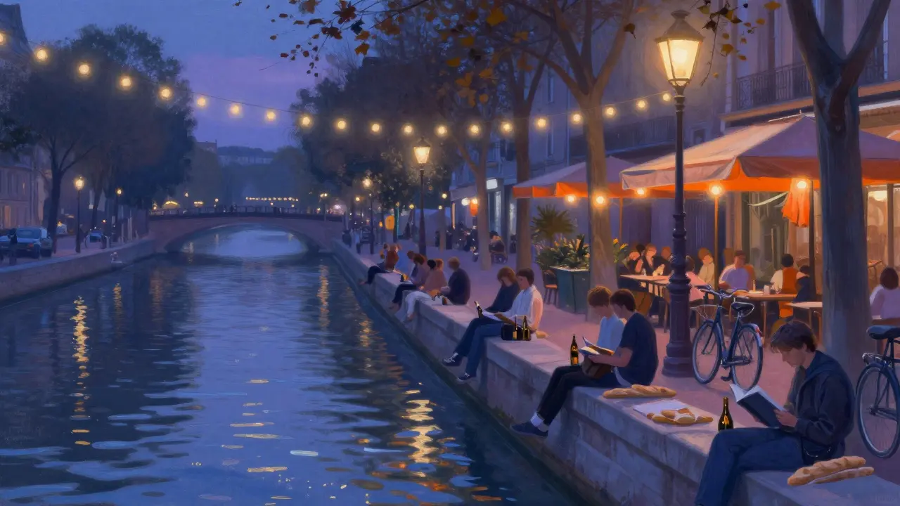 People relax by Canal Saint-Martin under string lights, wine bottles and baguettes on benches, water shimmering with reflections.