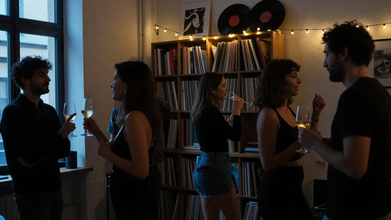 Private party in a Paris loft with guests dancing quietly under fairy lights.