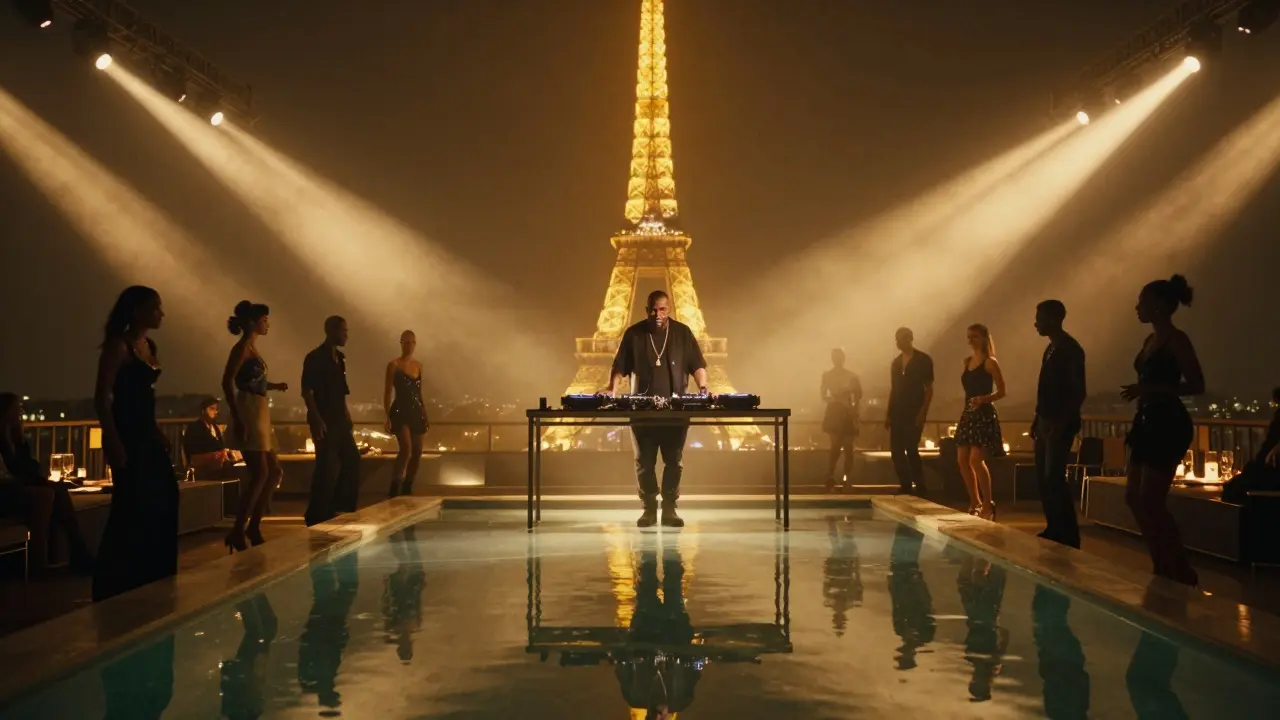 Rooftop dance party at Le Bain with Eiffel Tower in background, pool turned into reflective dance floor.