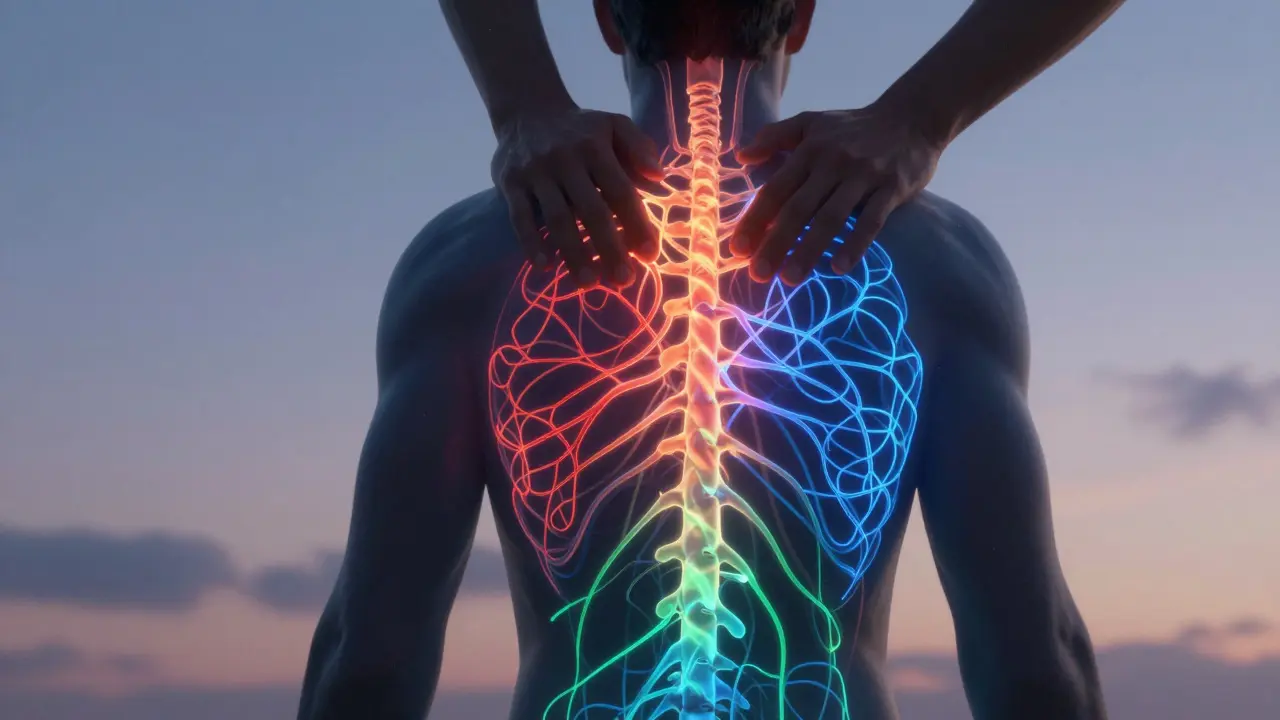 Silhouette with glowing neural pathways shifting from chaotic to calm, symbolizing emotional release.