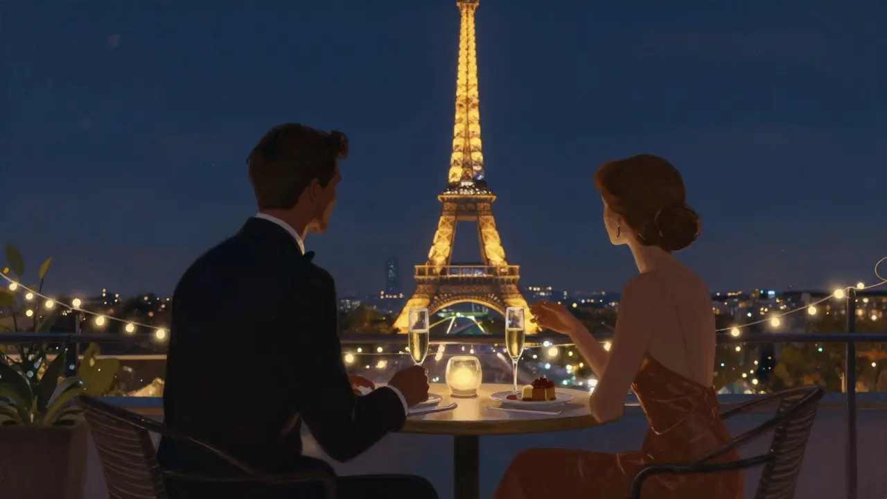 Silhouettes of two people on a private rooftop terrace with the Eiffel Tower glowing softly in the distance.
