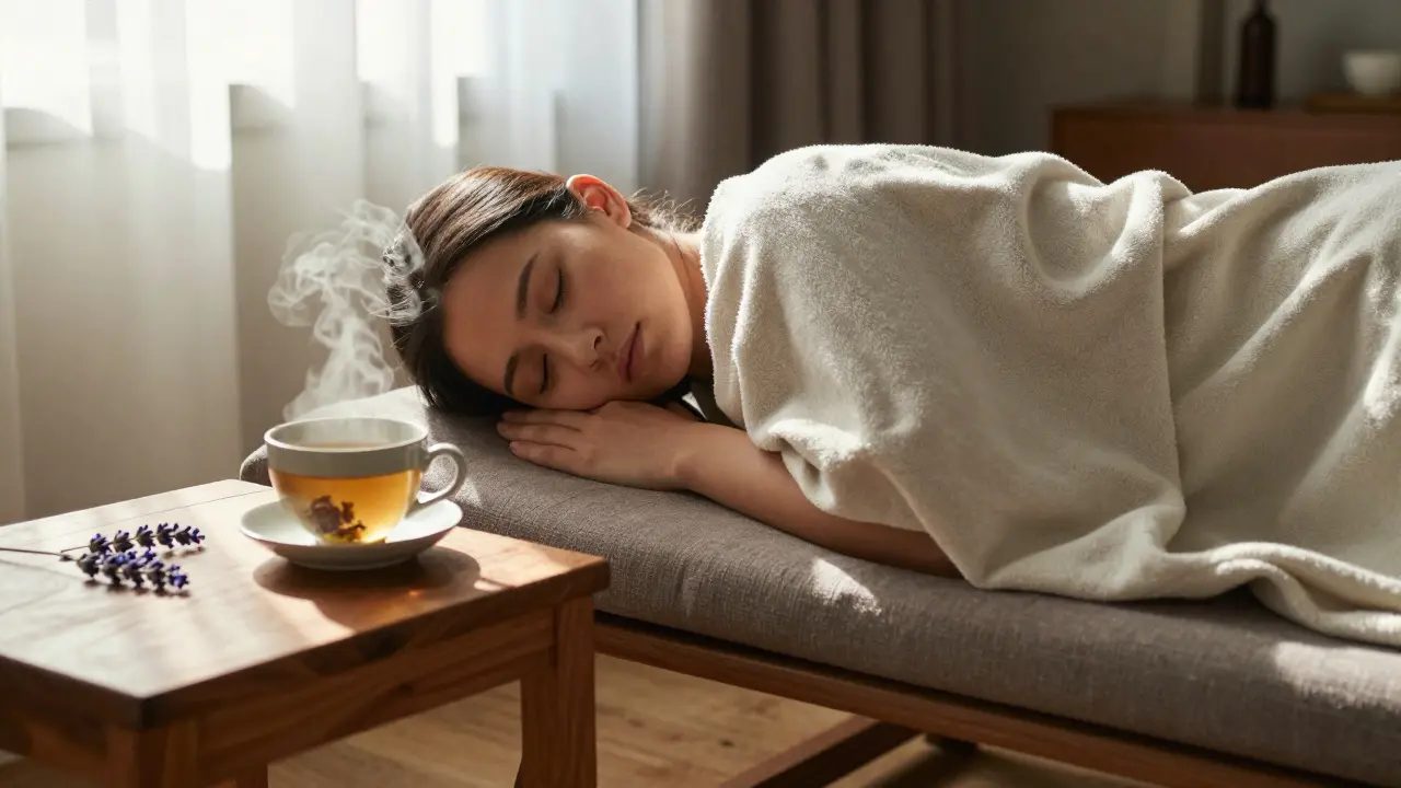 Someone resting peacefully after a massage, wrapped in a blanket, sipping tea, with sunlight streaming through curtains.