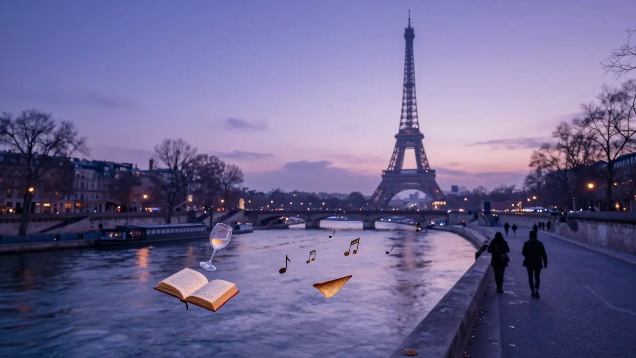 Surreal floating fragments of music, wine, and food above the Seine at dawn, reflecting Paris’s nocturnal soul.