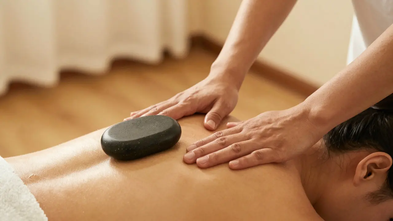 Therapist's hands performing gentle, flowing strokes on a client's shoulders during a relax massage.