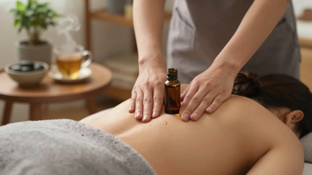 Therapist's hands using slow strokes with lavender oil on a client's shoulder during a relaxing massage session.