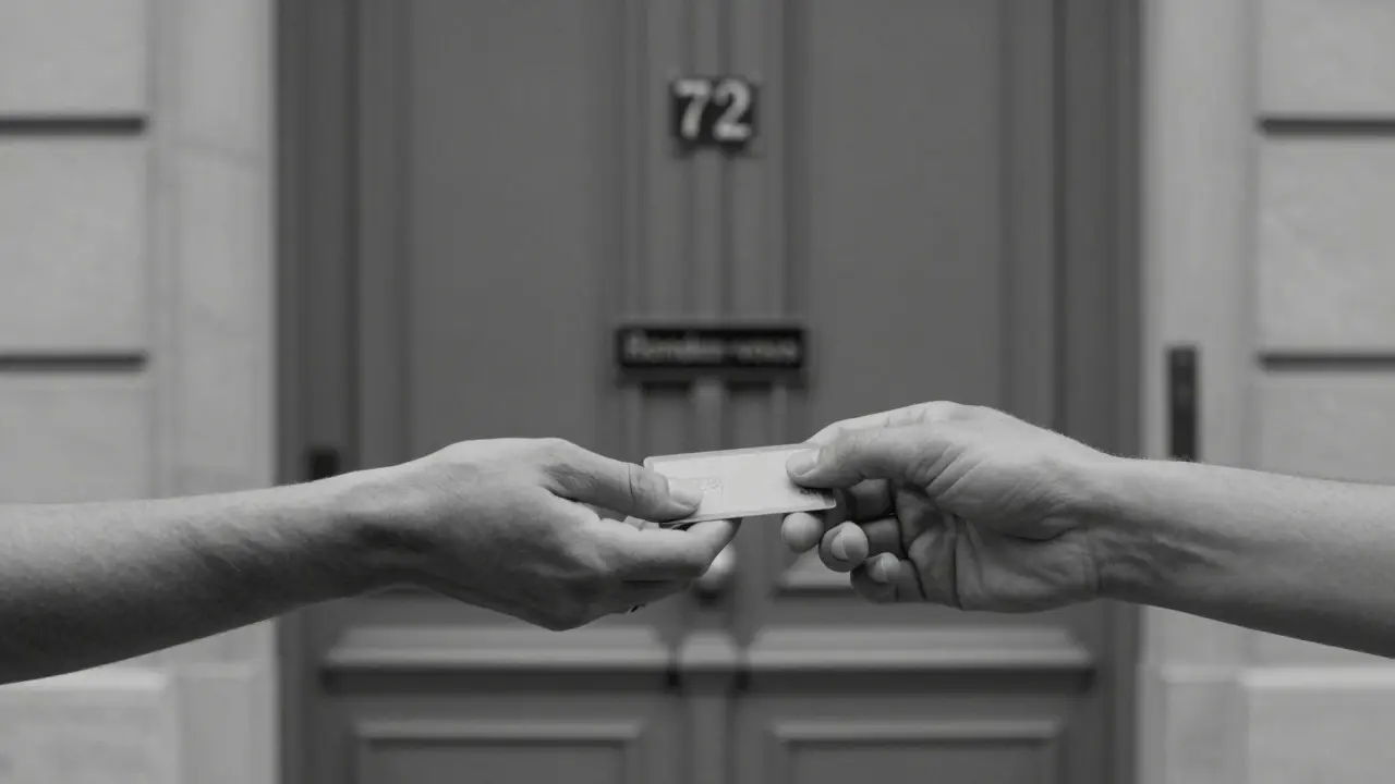 Two hands exchanging a keycard in a quiet Paris hallway at dusk.