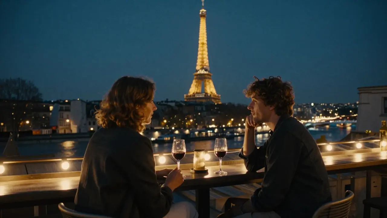Two people enjoy a silent, respectful evening at a Paris rooftop bar, the Eiffel Tower glowing behind them.