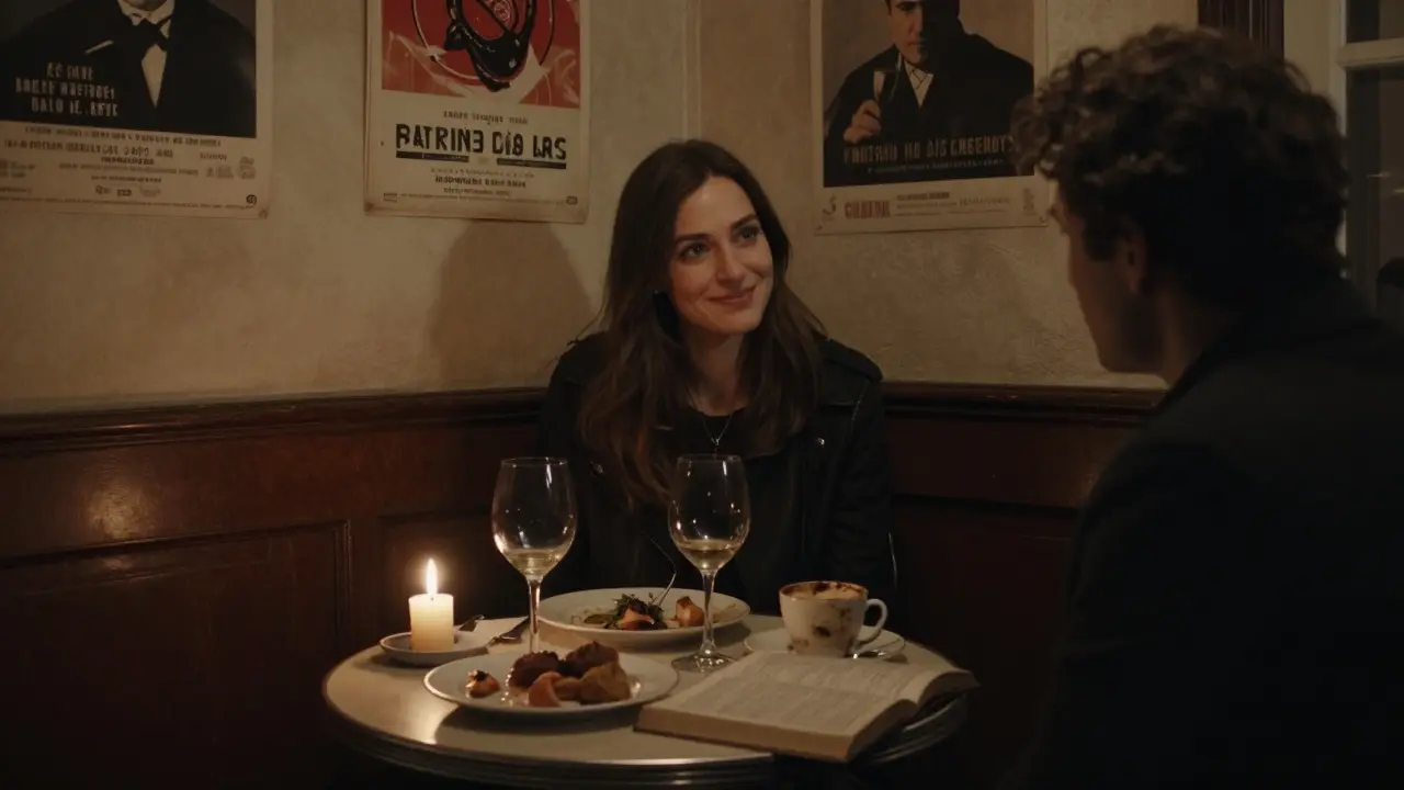 Two people share a quiet dinner in a cozy Parisian bistro, candlelight reflecting off wine glasses and an open book.