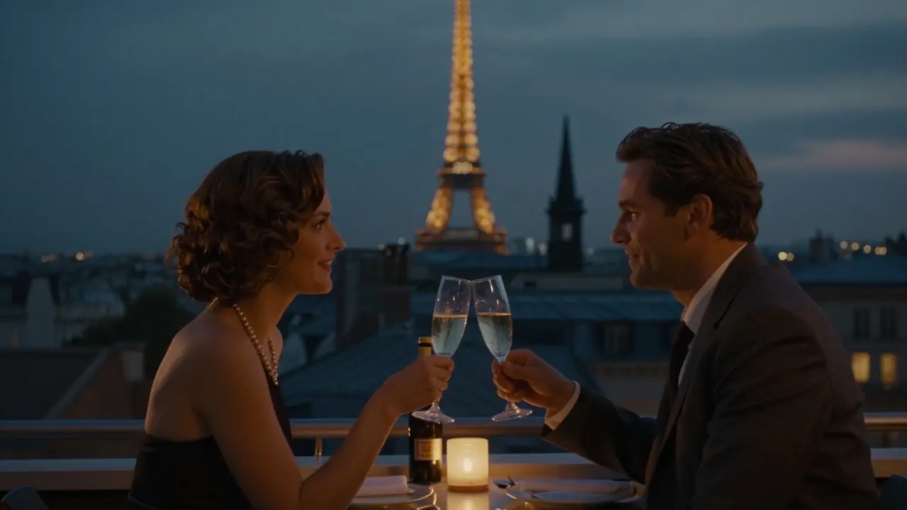 Two people toasting champagne on a rooftop as the Eiffel Tower glows at twilight.