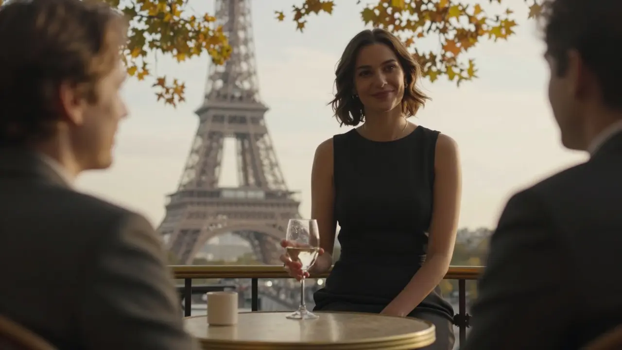 Woman in black dress smiling gently at a café table, Eiffel Tower in background, moment of calm companionship.