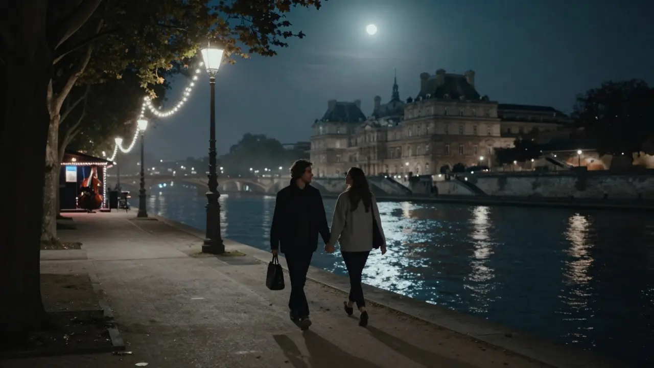 A couple walking peacefully along the Seine at night, string lights and distant jazz hinting at connection.