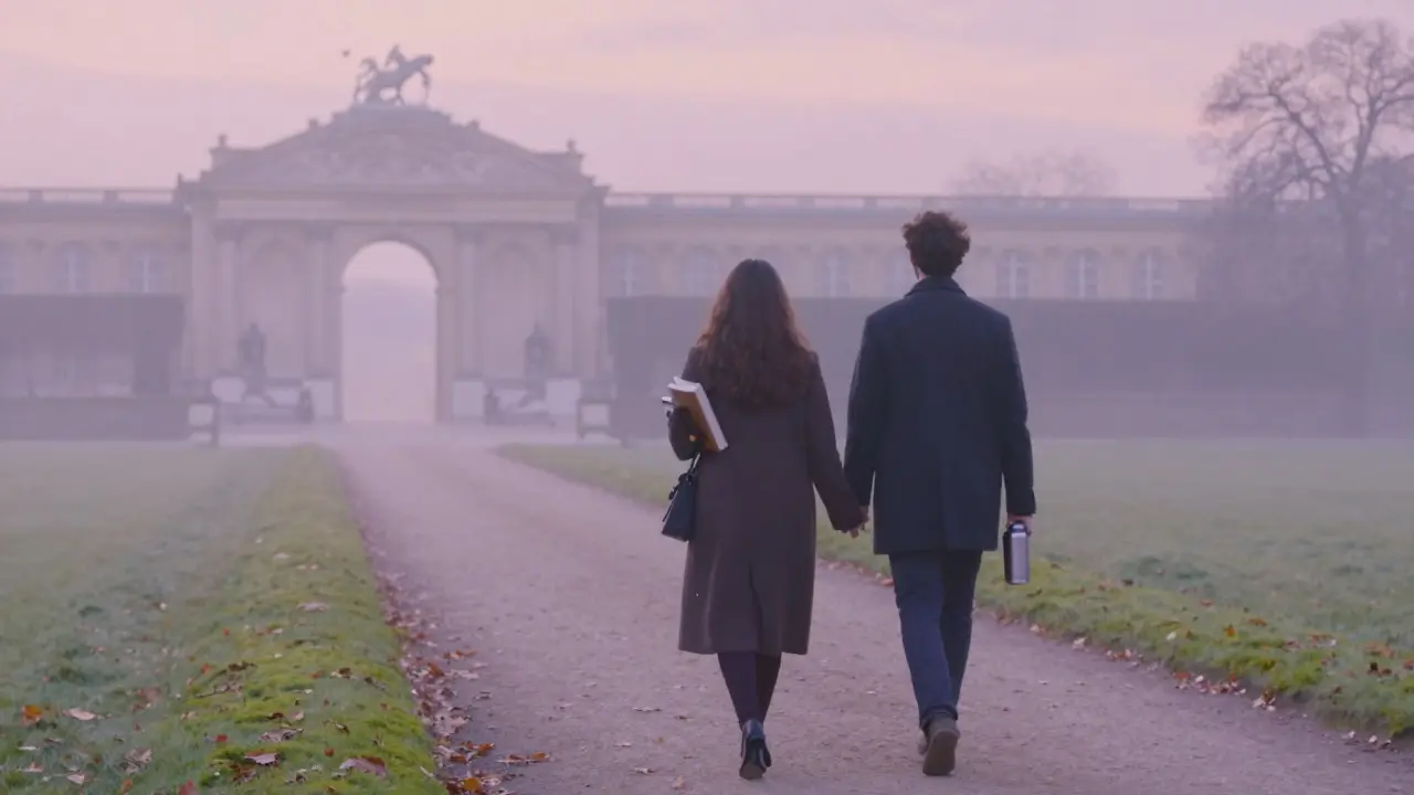 A couple walks peacefully through a misty Paris garden at dawn, autumn leaves falling around them in serene silence.