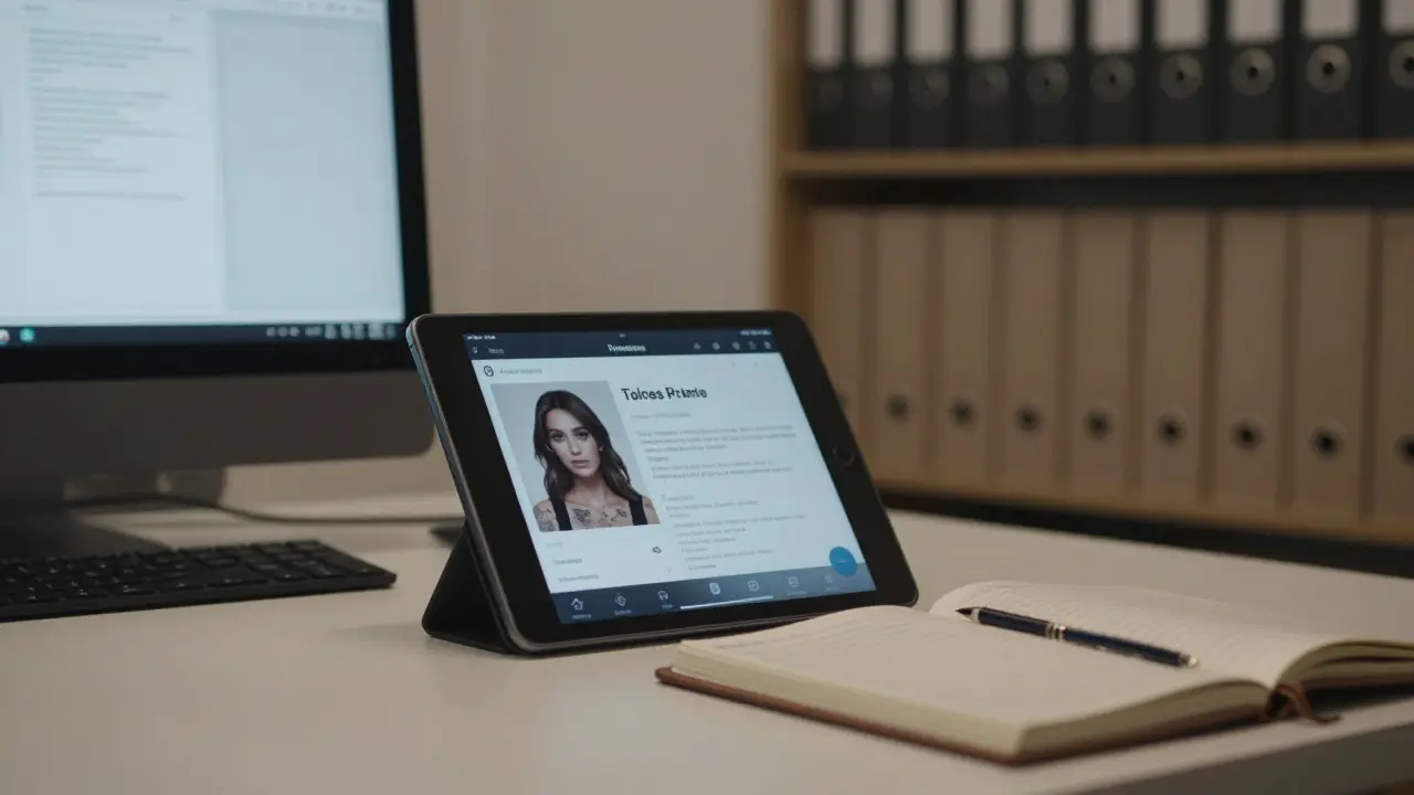 A discreet Parisian agency office with a verified client profile displayed on a tablet and encrypted messaging apps.