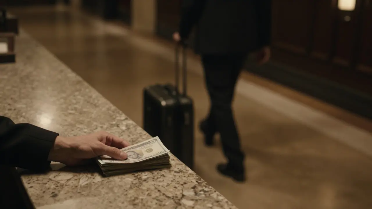 A discreet transaction in a hotel lobby, hand holding cash, figure walking away.