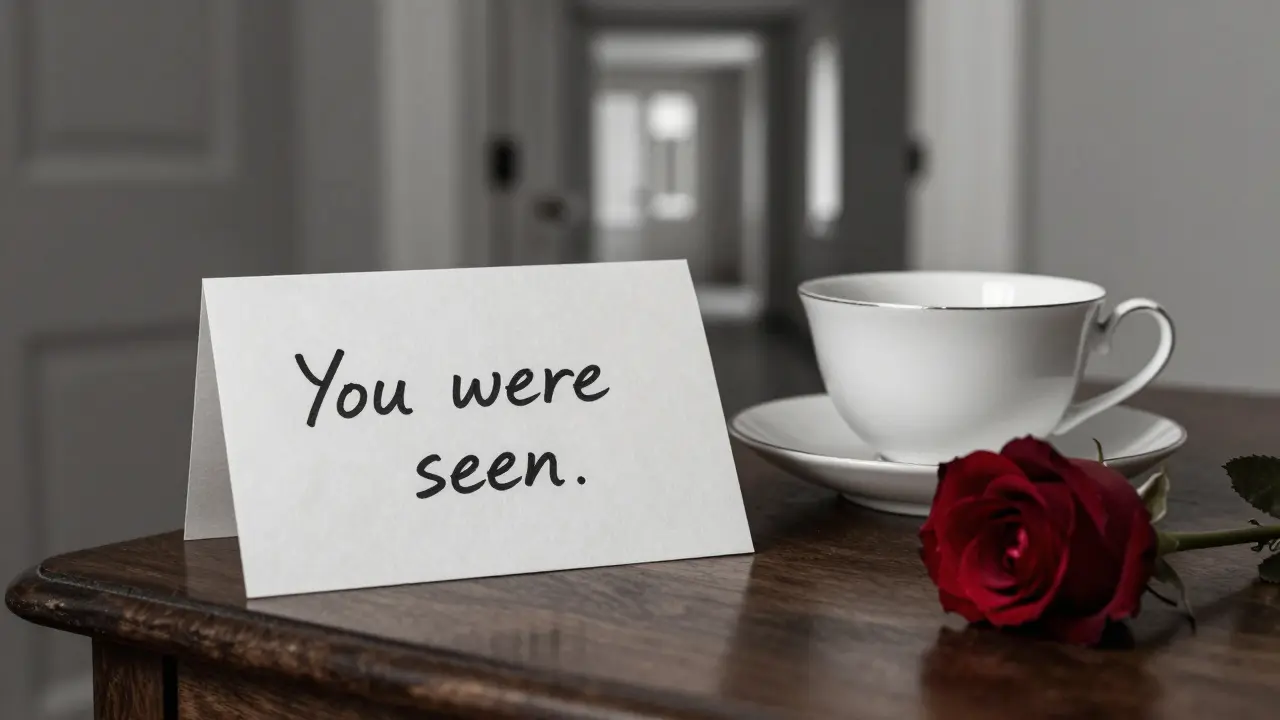 A handwritten note saying 'You were seen' rests on a table beside an empty teacup, symbolizing emotional connection and quiet closure.