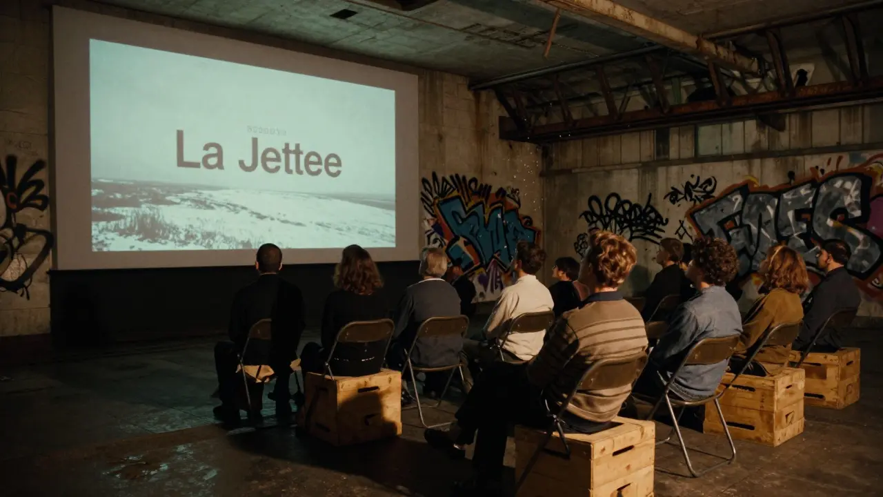 A hidden film screening in an abandoned metro station, viewers watching a classic movie on a graffiti-covered wall.
