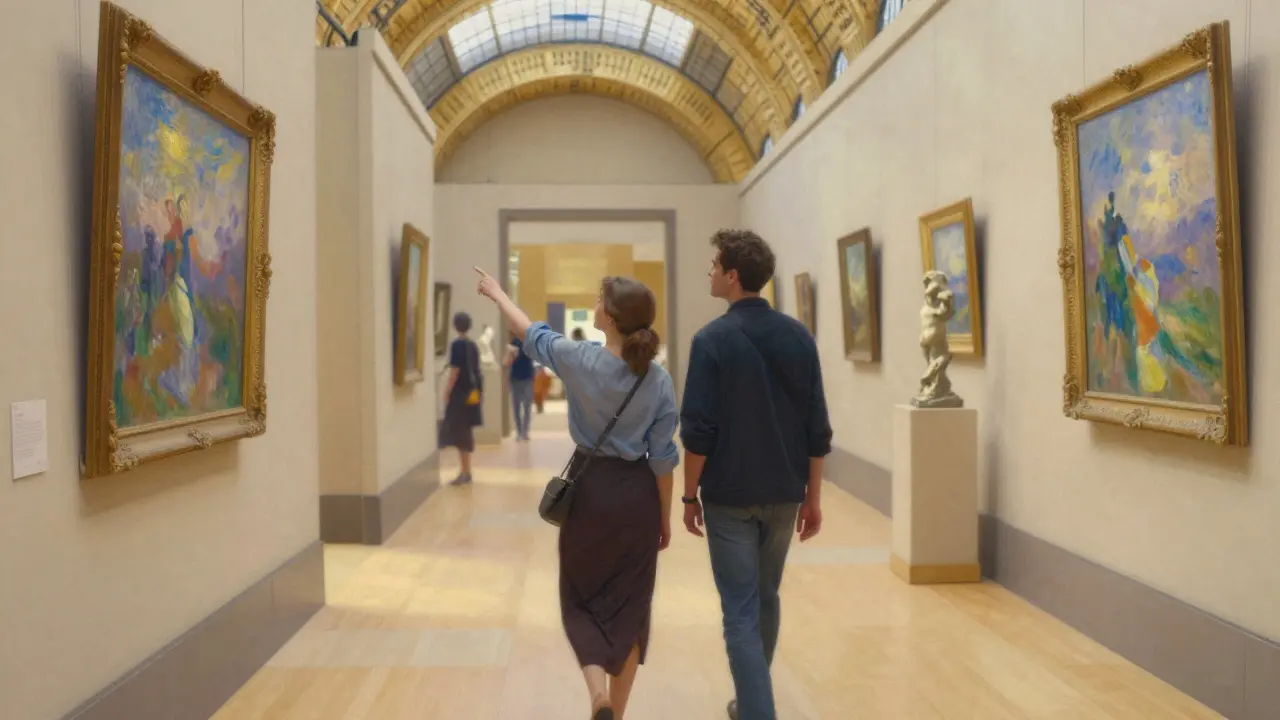 A man and woman walk through an empty museum, sunlight highlighting art as she points to a painting.