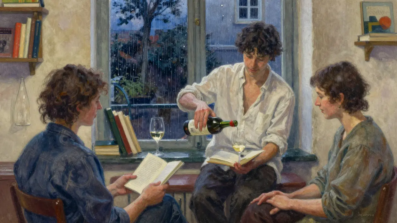 A non-binary artist reads poetry in a rain-streaked Paris apartment, sharing a quiet moment with listeners.