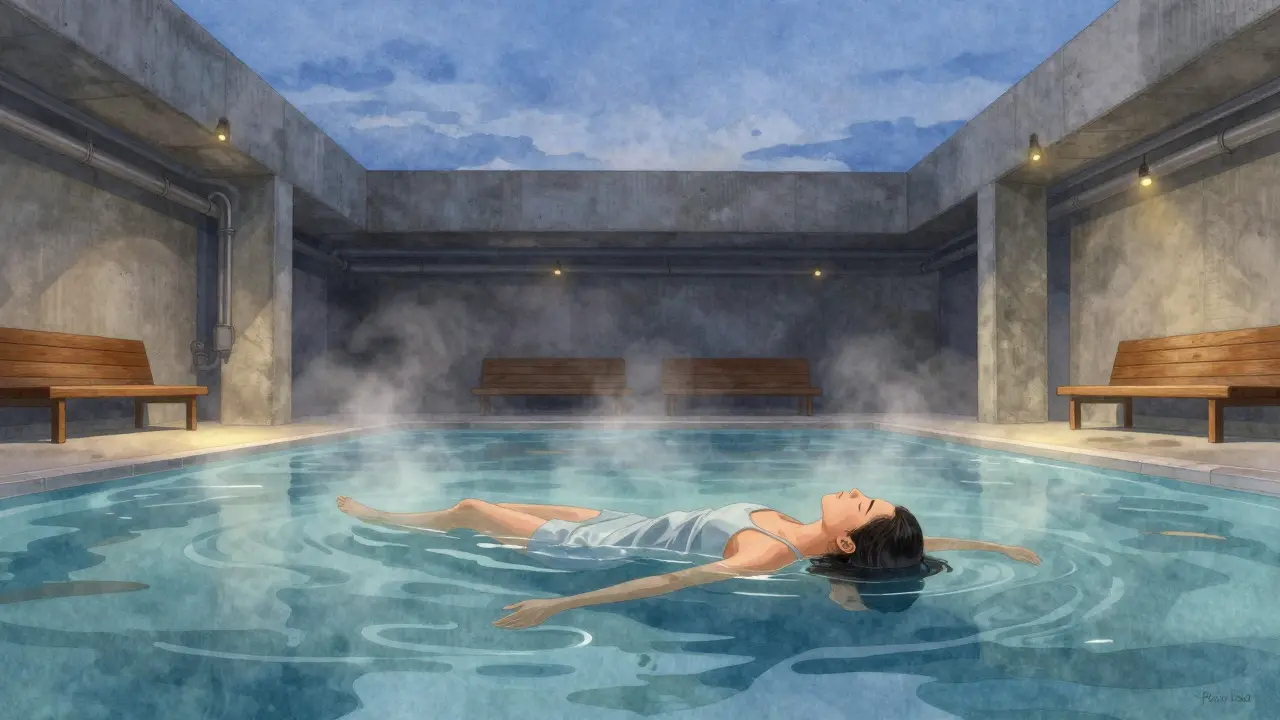 A person floating peacefully in a warm, still pool with a soft blue ceiling above, steam rising gently.