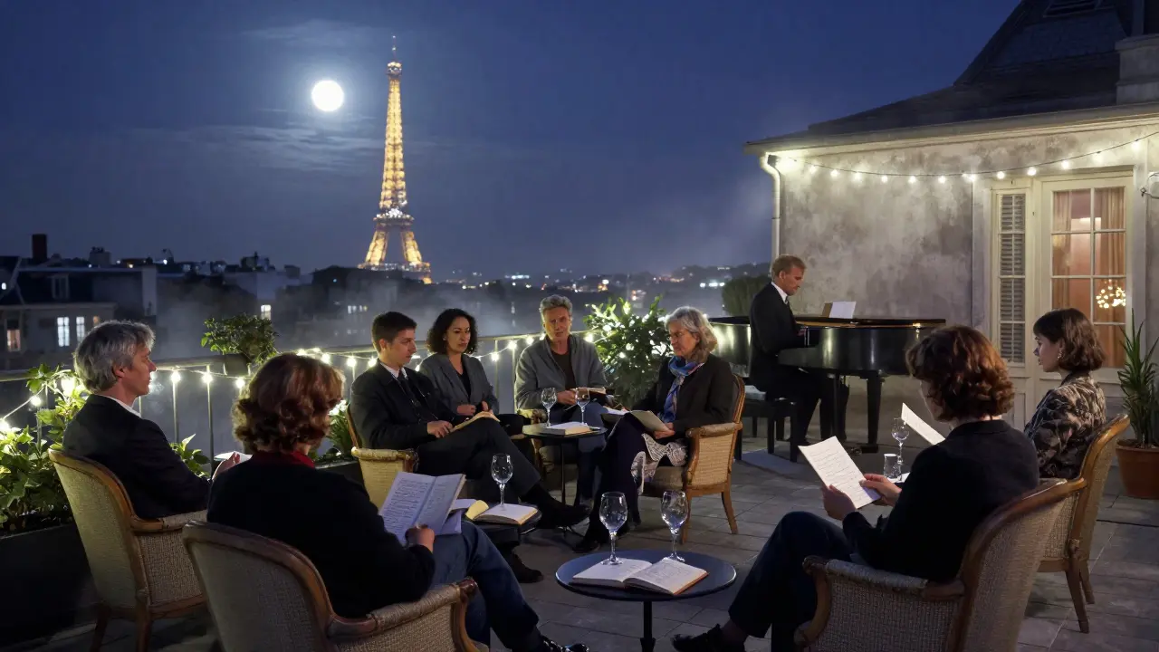 A rooftop terrace in Montmartre at night, guests enjoying jazz under string lights with the Eiffel Tower in the distance.