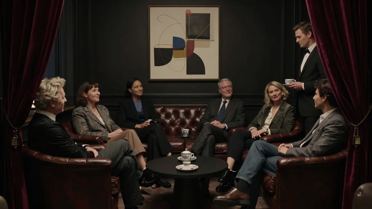 A serene members-only lounge in Paris with adults conversing softly under dim velvet-lit lighting.