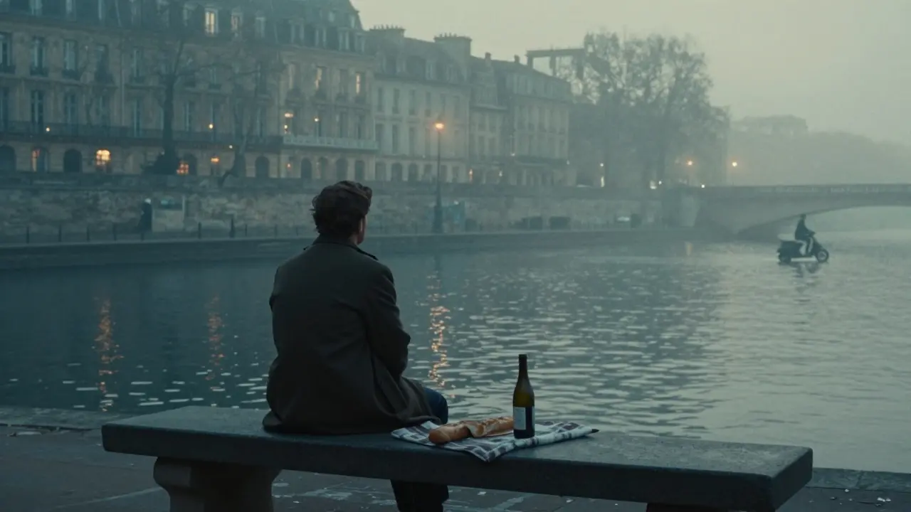 A solitary figure watches fog drift over Canal Saint-Martin at dawn, a baguette beside them.