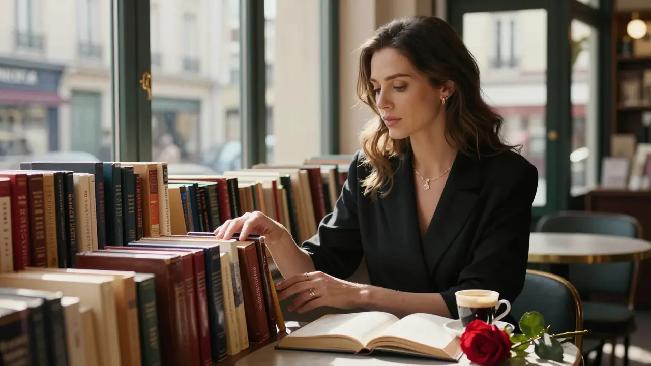 A woman browses books in a sunlit Parisian bookstore, a rose and espresso beside her.