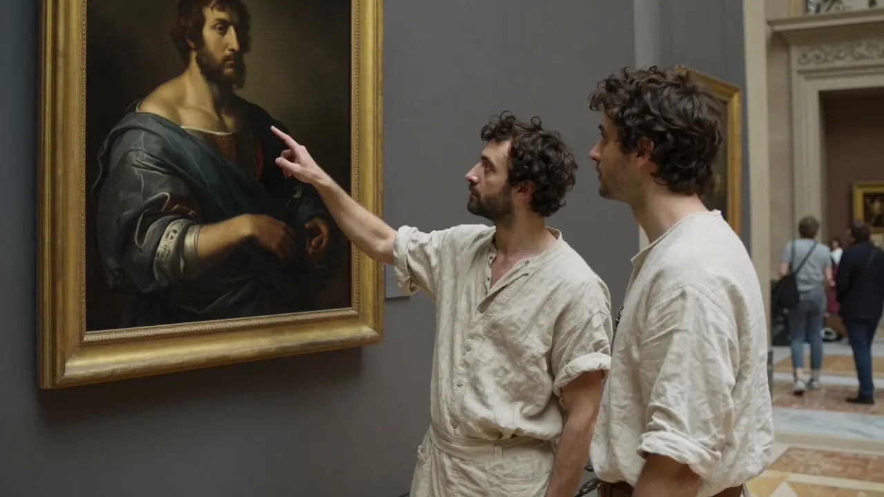 A woman explaining art to a man in the Louvre, soft museum lighting highlighting their focus.