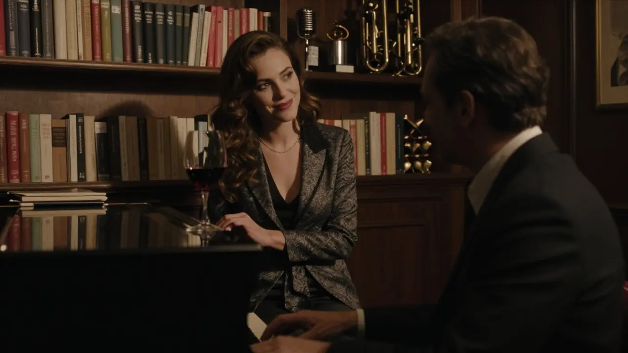 A woman listens intently to jazz music in a dimly lit Parisian bar surrounded by books.