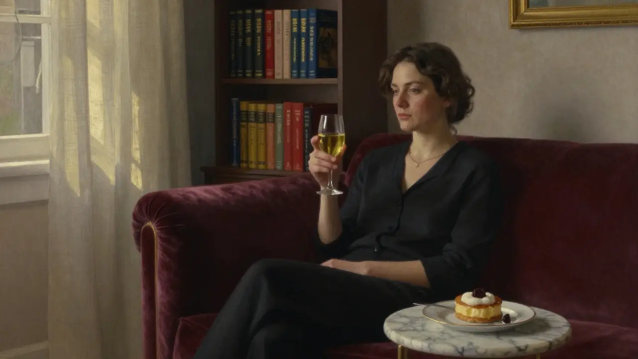 A woman sits calmly on a velvet sofa in a luxurious Paris apartment, holding a glass of wine, sunlight streaming through sheer curtains.