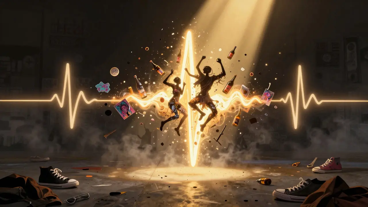 Abstract glowing heartbeat made of soundwaves and dancing figures, representing the club's authentic, unifying energy.