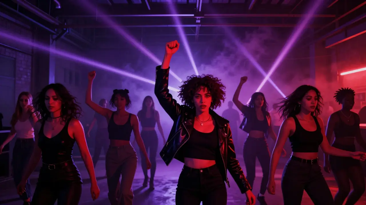 All-female and non-binary crowd energized by Amelie Lens at Badaboum’s Femme Night, vibrant pulsing lights, powerful movement.