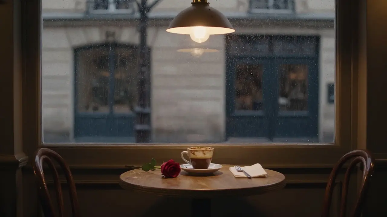 An empty café chair beside a cup of coffee and a rose, rain on the window behind.