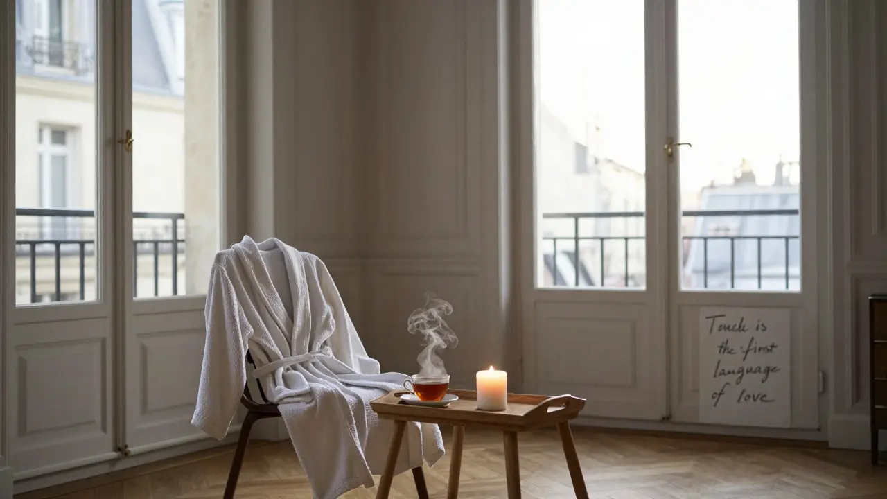 An empty, elegant Parisian room at sunrise with a robe, tea, and a handwritten quote on paper.