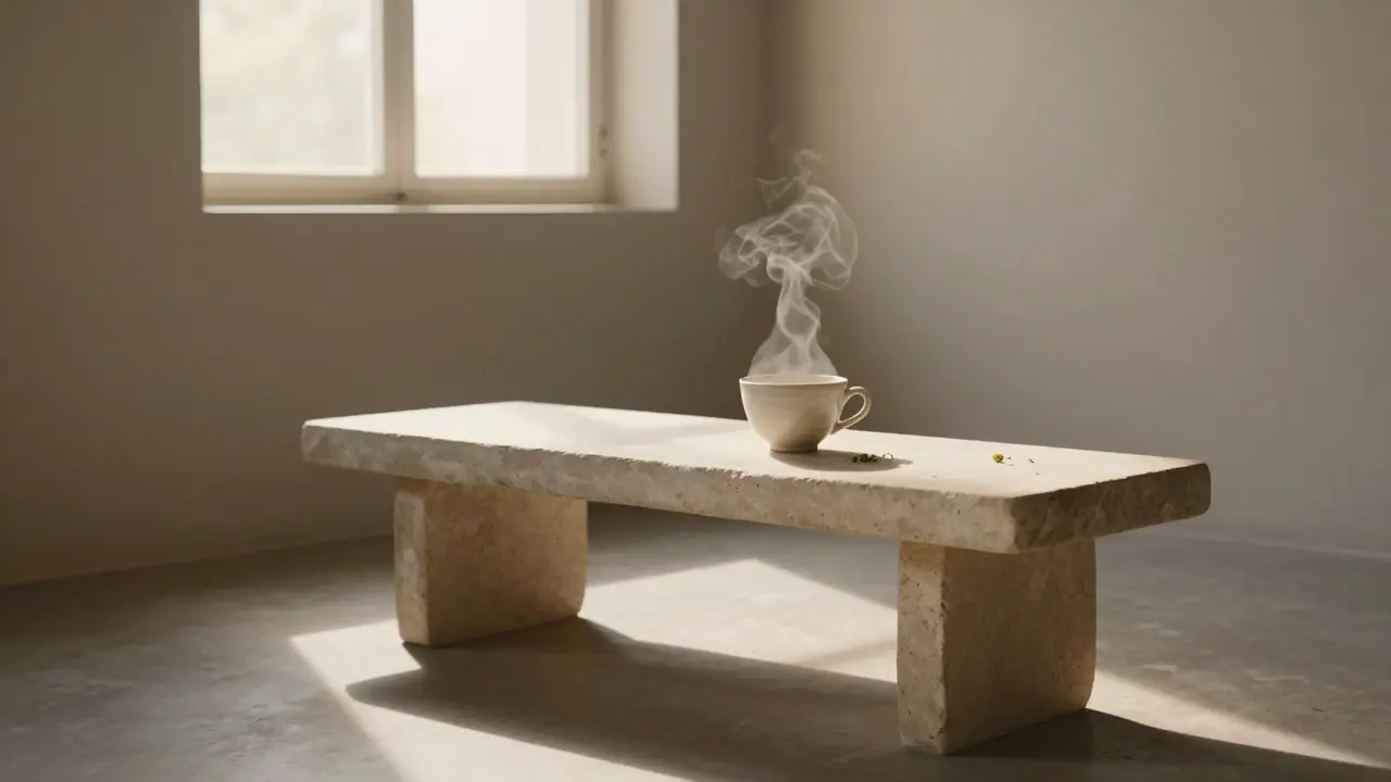 An empty heated stone bench with a ceramic teacup steaming softly beside it in quiet, golden light.