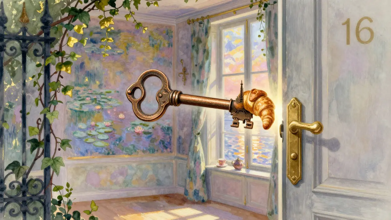 An ornate key unlocks a doorway revealing a serene Parisian interior with art and sunset light streaming through windows.
