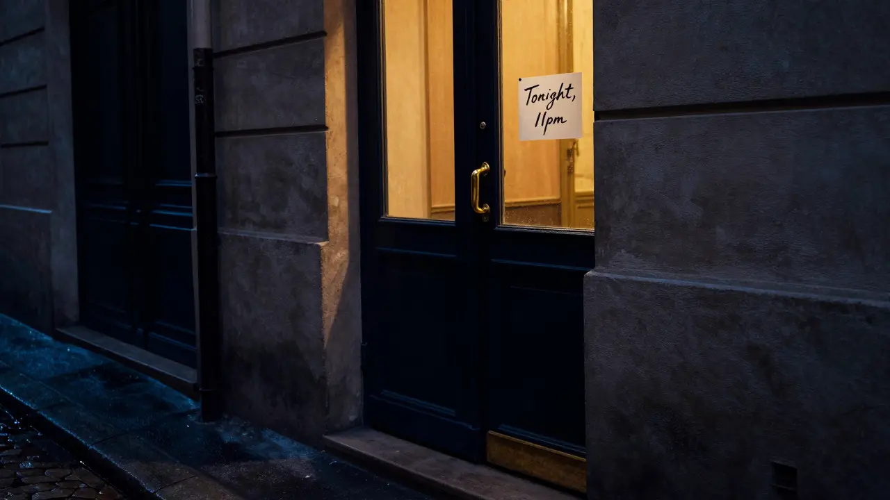 An unmarked door in a Paris alley glows with amber light, rain-slicked cobblestones, no signs, sense of hidden intimacy.