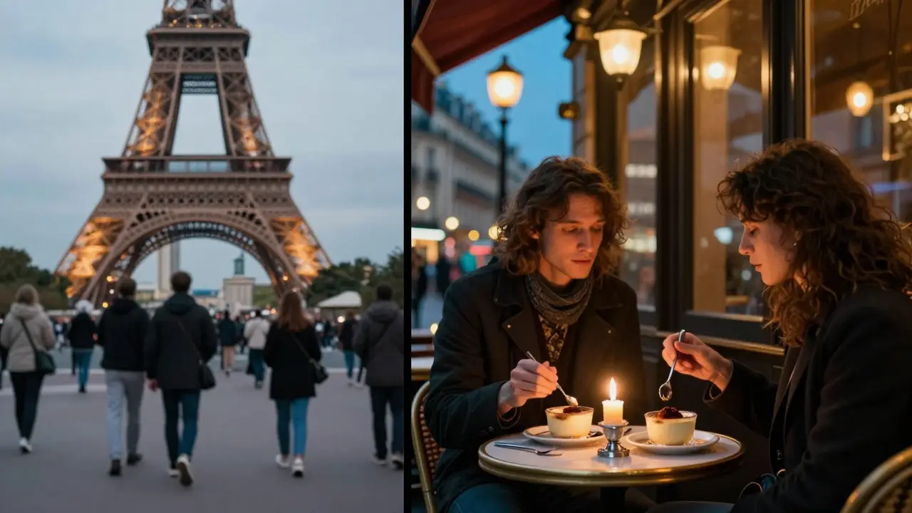 Contrast between crowded tourist photos and a genuine shared moment over crème brûlée in a quiet Paris café.