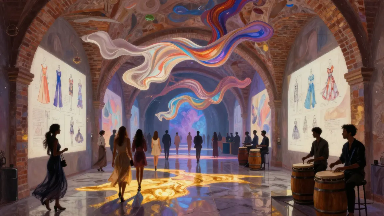 Digital art projections of fabric patterns illuminate a brick-walled afterparty with dancers and live percussionists.