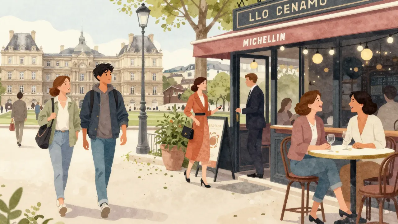 Diverse companions enjoying different moments around Paris: gardens, dining, and rooftop views.