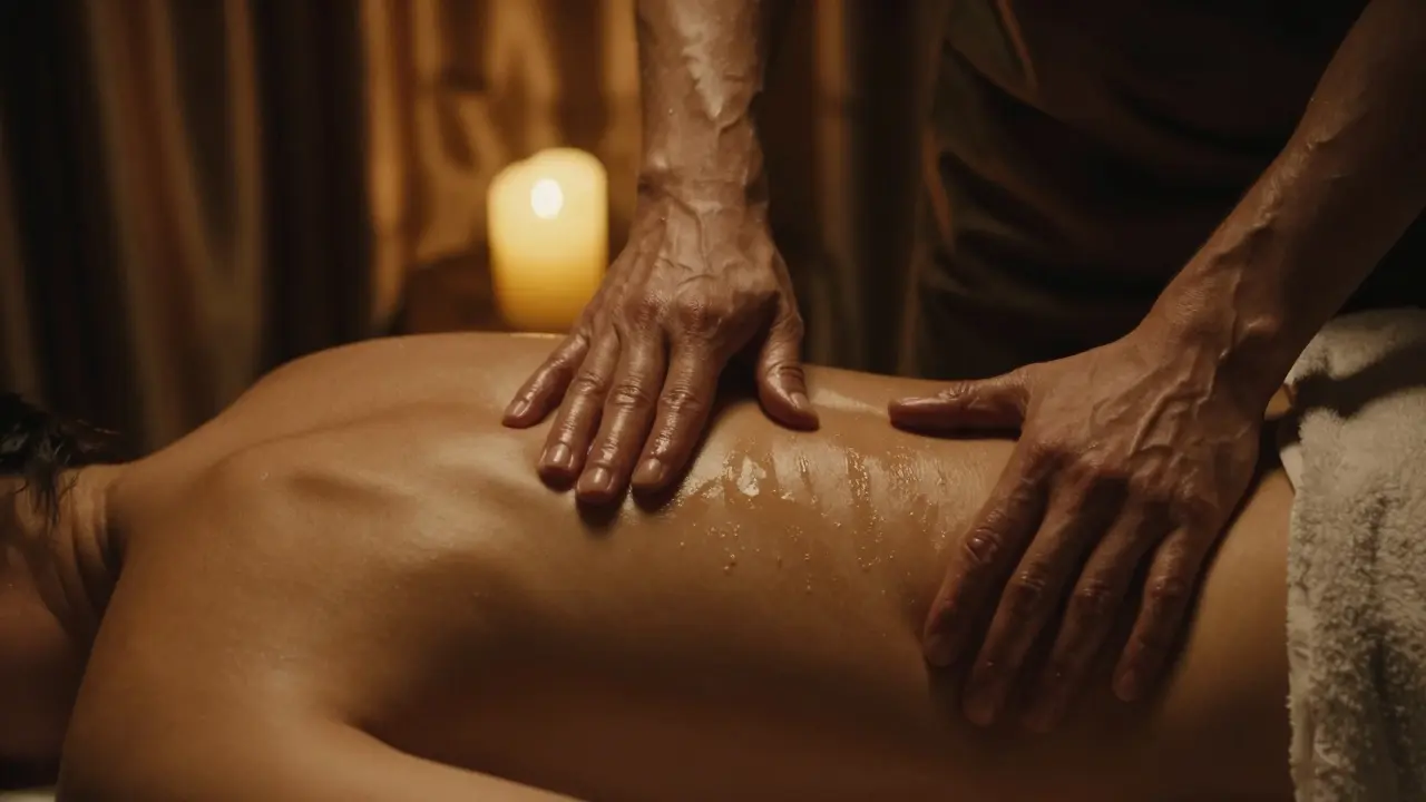 Hands engaged in a gentle, oil-based massage on a bare back, bathed in warm golden light.