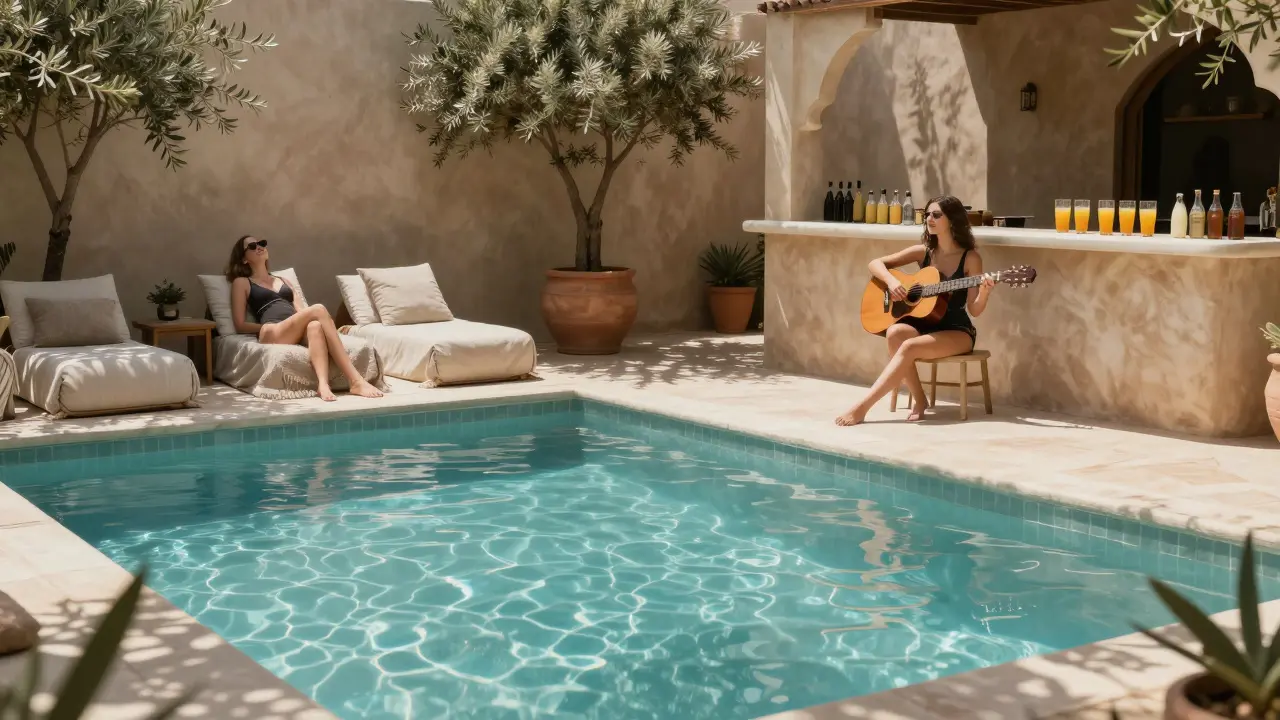 Hidden courtyard pool at La Villa 29 with Moroccan loungers and acoustic music under trees.