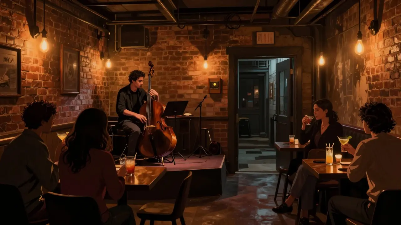 Intimate Chicago speakeasy with jazz band and patrons enjoying craft cocktails in warm, dim industrial lighting.