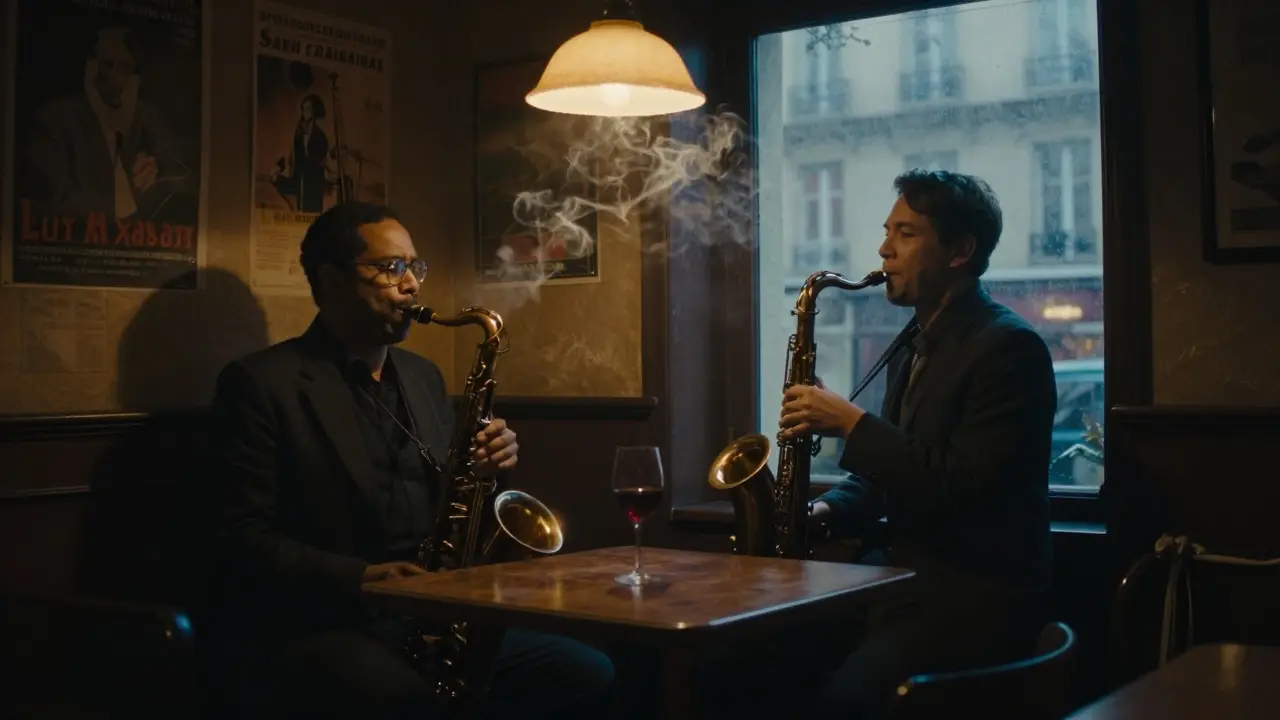 Jazz cellar in Saint-Germain with saxophonist playing under a warm lamp, patrons in shadowed silence.